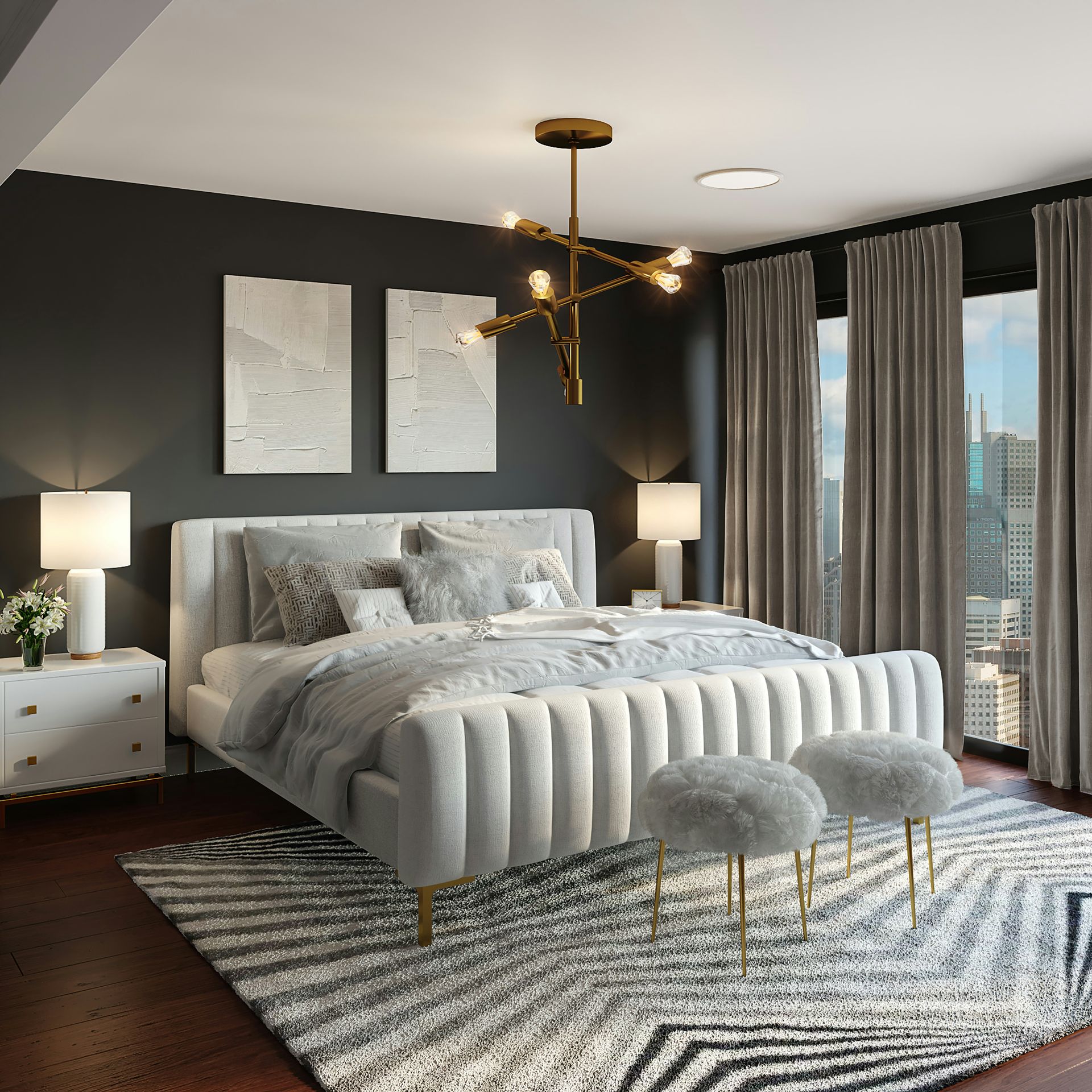A modern bedroom with a white upholstered bed, gold chandelier, and city view